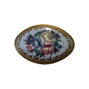 Vintage Russian Brooch Lacquered Flowers with Gold Gilt Brooch Signed